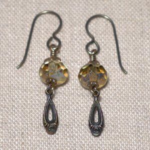 Hand Crafted Handmade Earrings Amber Czech Glass & Brass Petite Dangle E…